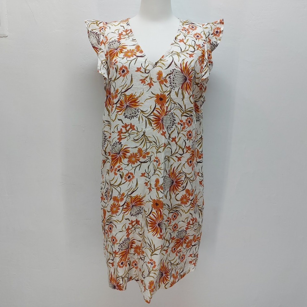 Joie Linen Shift Dress Women's Small Orange Floral Flutter Sleeve V-Neck Mini